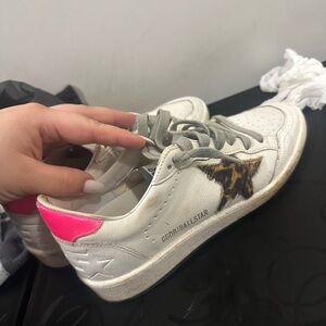 Golden Goose Ballstar White Sneakers with Pink Heel and Leopard Star